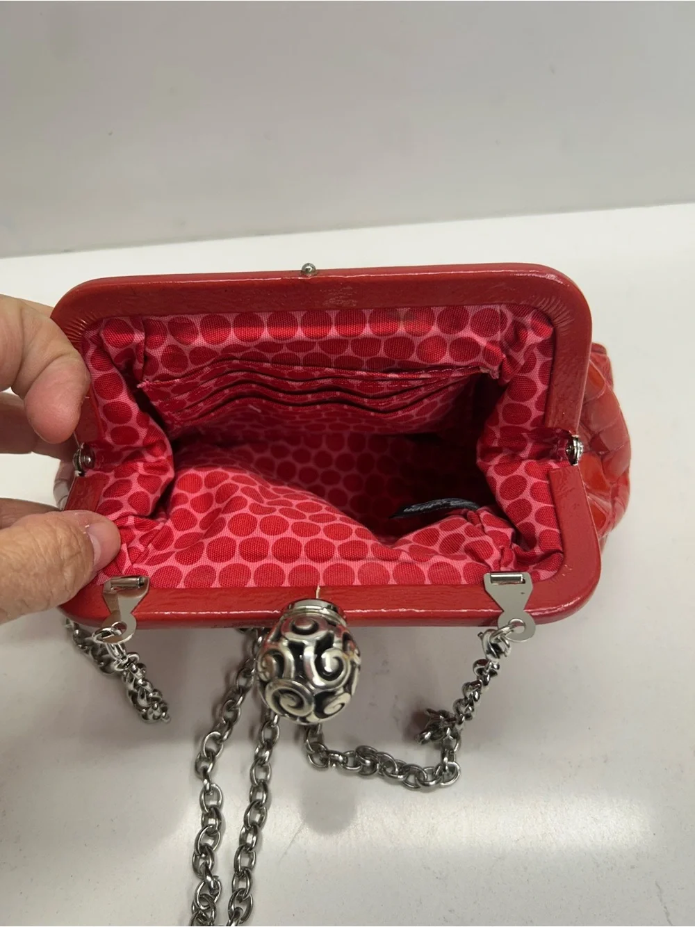 Brighton Red Patent Quilted Frame Clutch with Chain Strap
